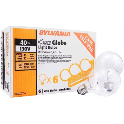 SYLVANIA Incandescent G25 Décor Globe Light Bulb 40W Dimmable E26 Medium Base Clear 2850K Warm White 6 Pack 14191