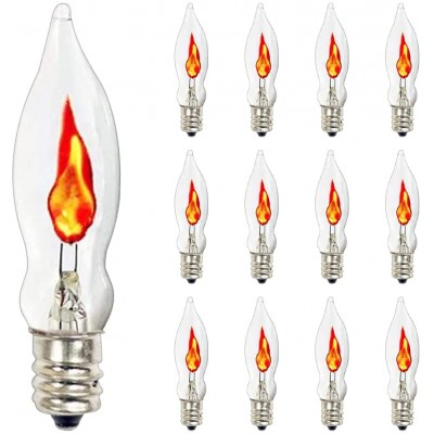 12 Pack Christmas Flicker Flame Light Bulbs Clear Flame Shape Tip Candelabra Replacement Bulb for Electric Window Candle Lamps C18 Outdoor String Lights C7 E12 Base Night Bulbs 1 Watt 120 Volt