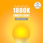 Amber Light Bulbs 4PK 9W 60 Watt Equivalent Blue Blocking Light Bulbs 1800K Soft Warm Sleep Light Bulbs A19 Amber Night Light Bulb E26 for Bedroom and Baby Nursery Light