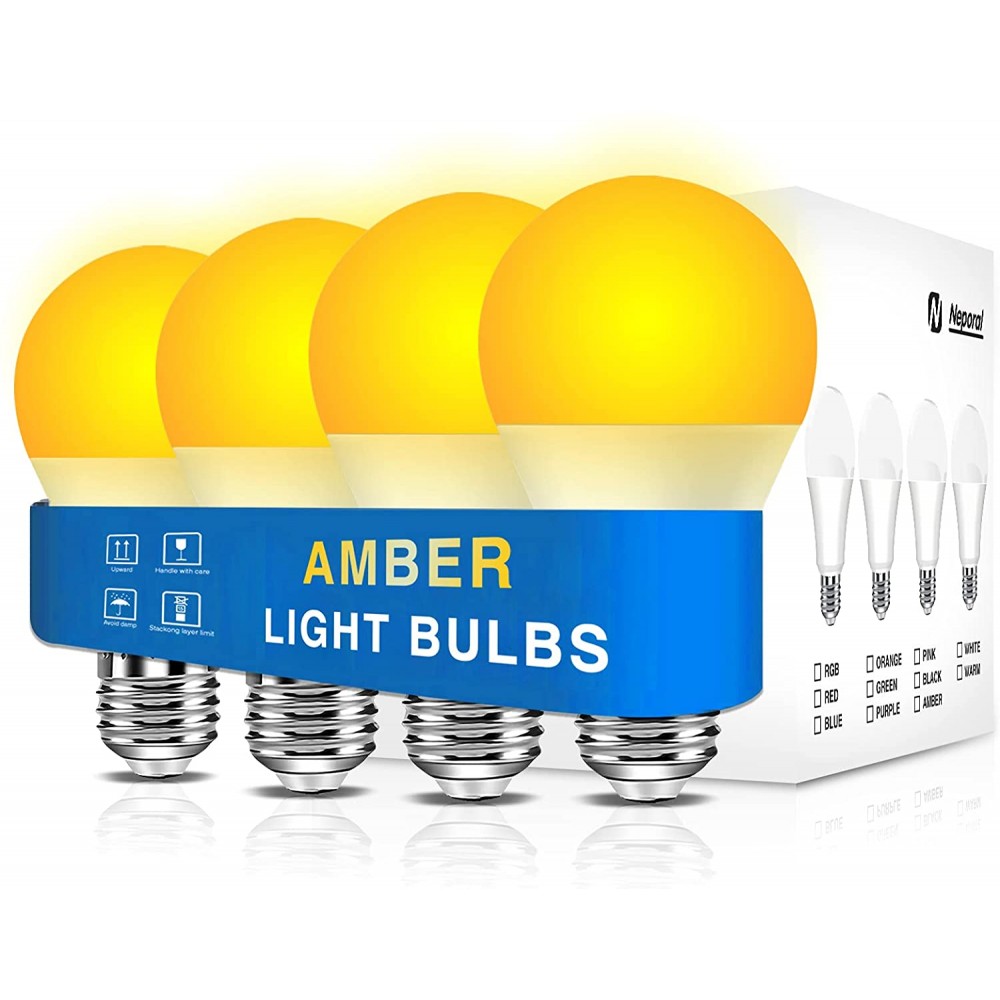 Amber Light Bulbs 4PK 9W 60 Watt Equivalent Blue Blocking Light Bulbs 1800K Soft Warm Sleep Light Bulbs A19 Amber Night Light Bulb E26 for Bedroom and Baby Nursery Light