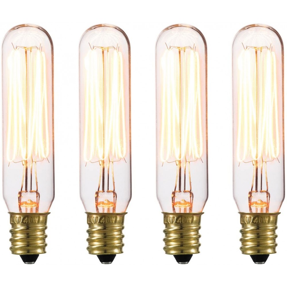 Globe Electric 80151 40W Vintage Edison Mini Tube Clear Glass Dimmable Incandescent Light Bulb 4-Pack E12 Base 210 Lumens 40W Antique T6 Candlelight