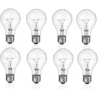 Pack of 8 Incandescent 60 Watt A19 Light Bulb: Clear Standard Household E26 Medium Base Rough Service Light Bulbs