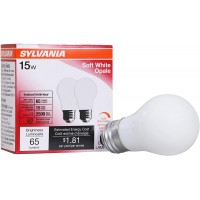 SYLVANIA Incandescent Appliance Light Bulb 15W A15 Dimmable Medium Base 65 Lumens Frosted 2850K Soft White 2 Pack 10015