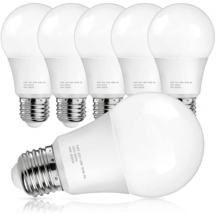 A21 LED Light Bulbs 150 Watt Equivalent LED Bulbs Daylight White 5000K 2600 Lumens E26 Base Non-Dimmable 19W Light Bulbs for Bedroom Living Room Commercial Lighting Pack of 6