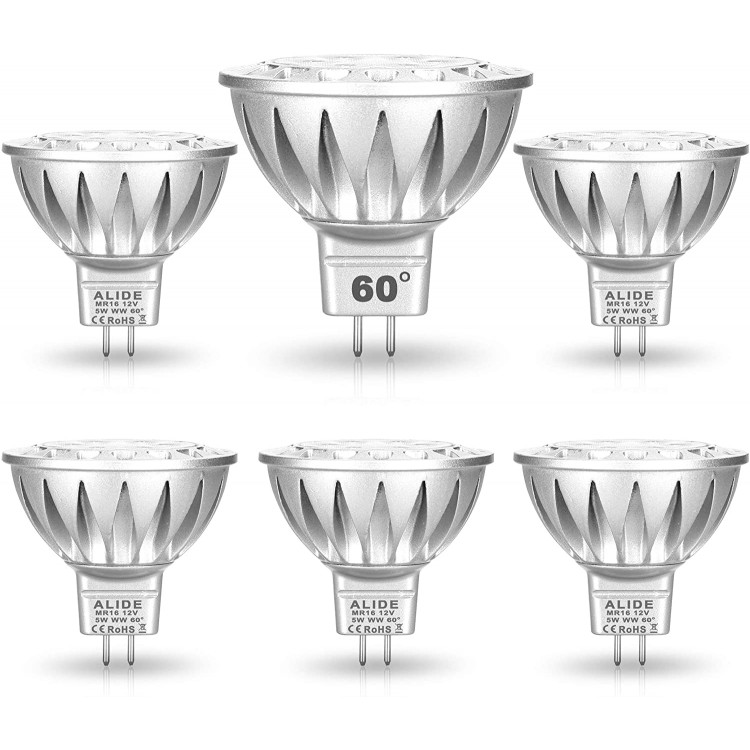 ALIDE MR16 Led Bulbs 60° 60 DegreeWide Beam Angle,5W Replace 20W 35W Halogen,2700K Soft Warm White,Low Voltage 12volt MR16 GU5.3 Bulb Spotlights for Track Recessed Landscape Lighting,450lm,6 Pack