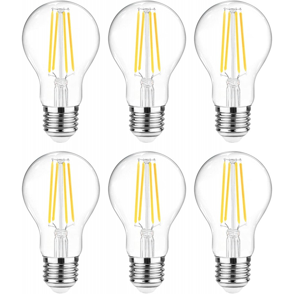 Ascher 60 Watt Equivalent E26 LED Filament Light Bulbs Daylight White 4000K Non-Dimmable Classic Clear Glass A19 LED Light Bulb with 80+ CRI 6-Pack