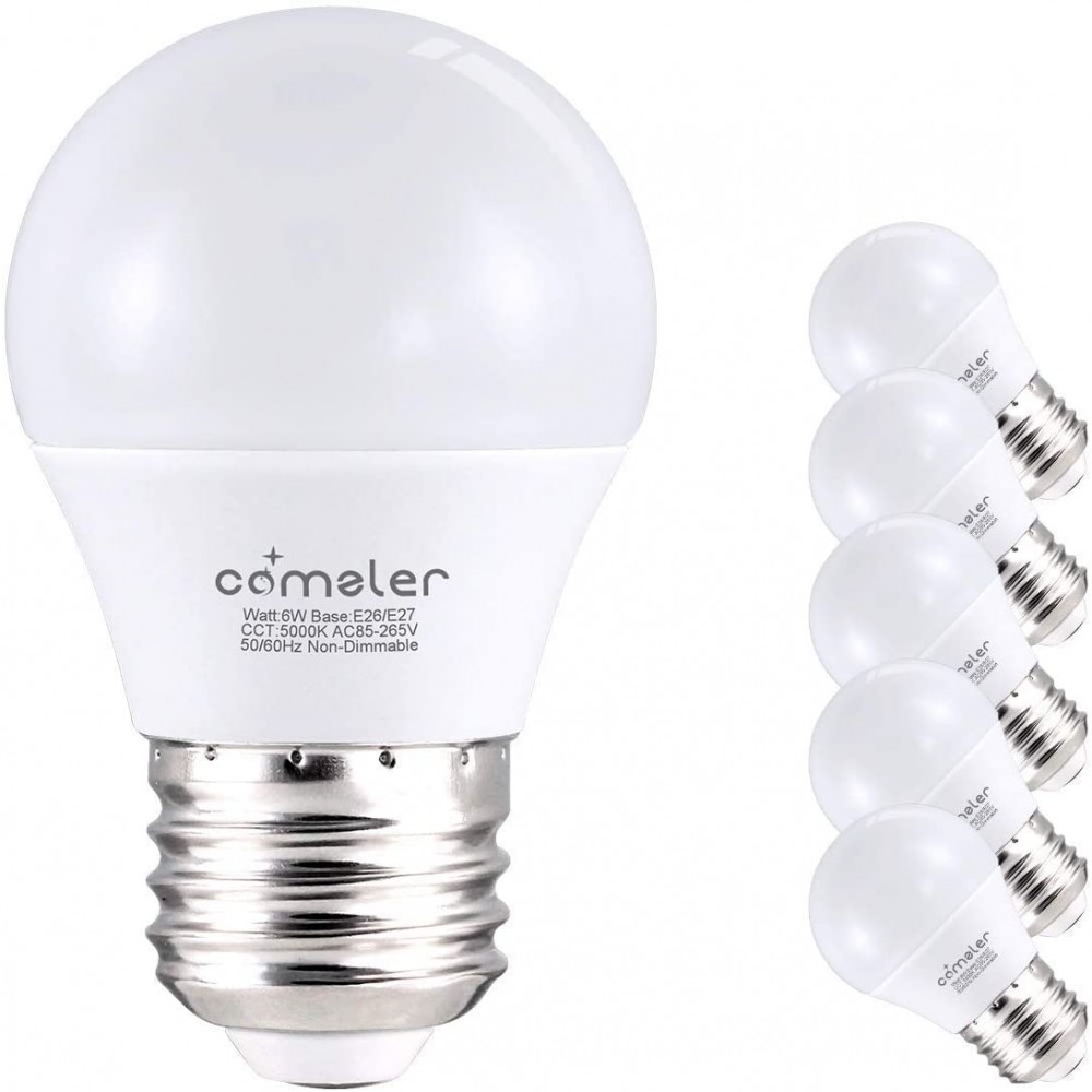 Comzler 6W A15 LED Bulb Daylight 60 Watt Equivalent E26 Medium Screw Base Small Light Bulb Cool White 5000K Home Lighting Decorative Ceiling Fan Light Bulbs Non-DimmablePack of 6