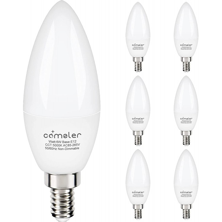 Comzler 6W Candelabra LED Bulb  Small Base E12 LED Bulb 60 Watts Equivalent,Chandelier Light Bulbs Type B Light Bulb Daylight 5000K Pack of 6 Non-Dimmable