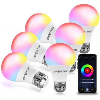 DAYBETTER Smart Light Bulbs RGBW Wi-Fi Color Changing Led Bulbs Compatible with Alexa & Google Home Assistant A19 E26 9W 800LM Multicolor Led Light Bulb No Hub Required Light Bulbs 6 Pack