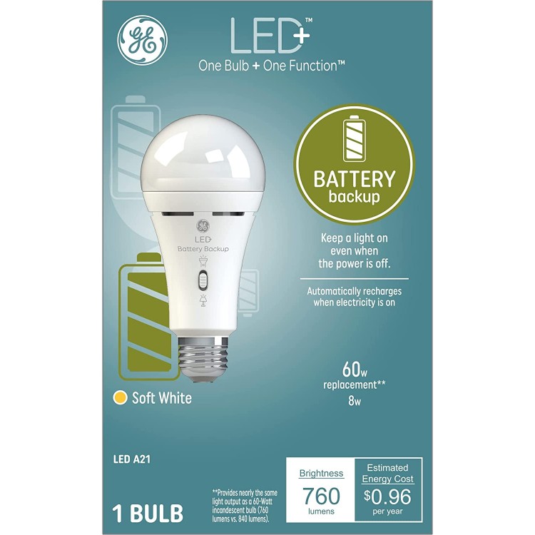 GE LED+ Backup Battery Light Bulb Rechargeable Soft White Medium Base 60 Watt Replacement Standard Bulb Shape Pack of 1