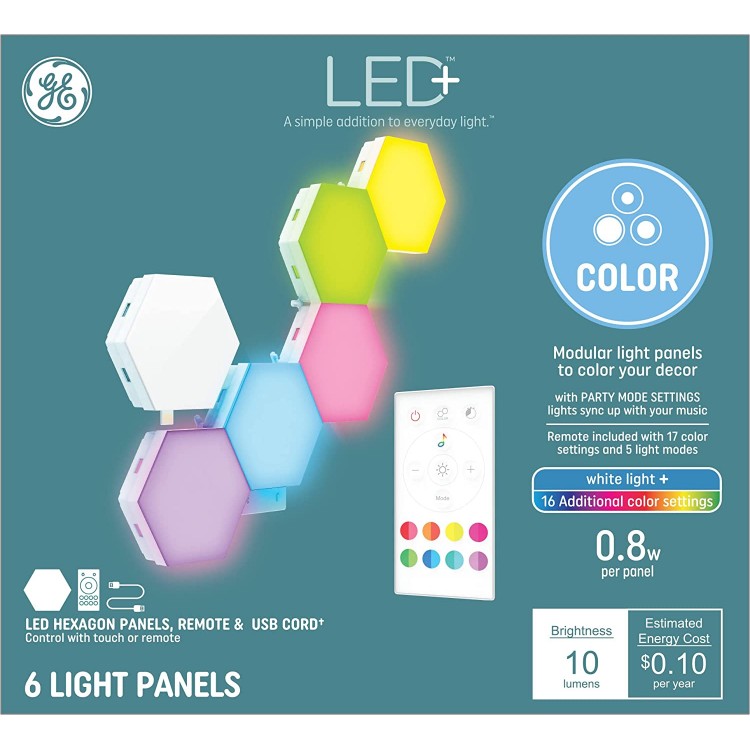 GE LED+ Color Changing Light Panels Hexagon LED Light Tiles 17 Color Settings Gaming Lights Control with Touch or Remote Remote and USB Cord Included 6 Tiles