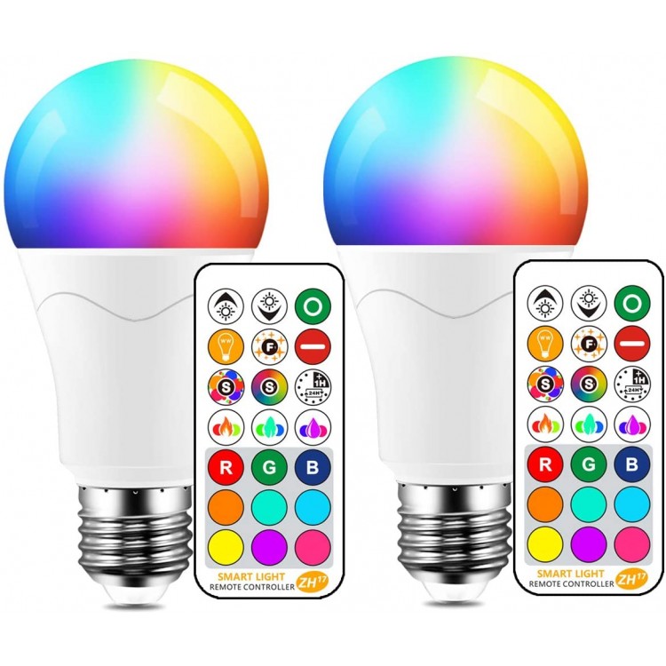 LED Light Bulb 85W Equivalent Color Changing Light Bulbs with Remote Control RGB 6 Modes Timing Sync Dimmable E26 Screw Base 2 Pack