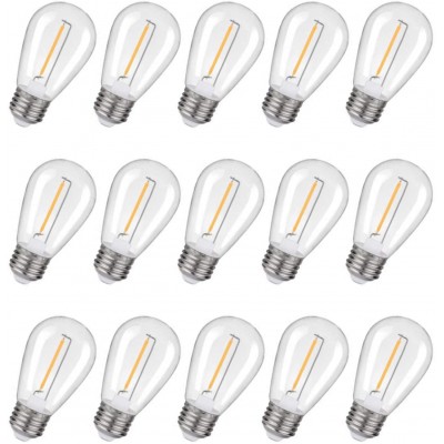 Shatterproof & Waterproof S14 Outdoor String Light Bulb–1W S14 led Bulb-Use to Replace 11W Warm White 2200K,70LM,Plastic Bulbs E26 Base15 Pack