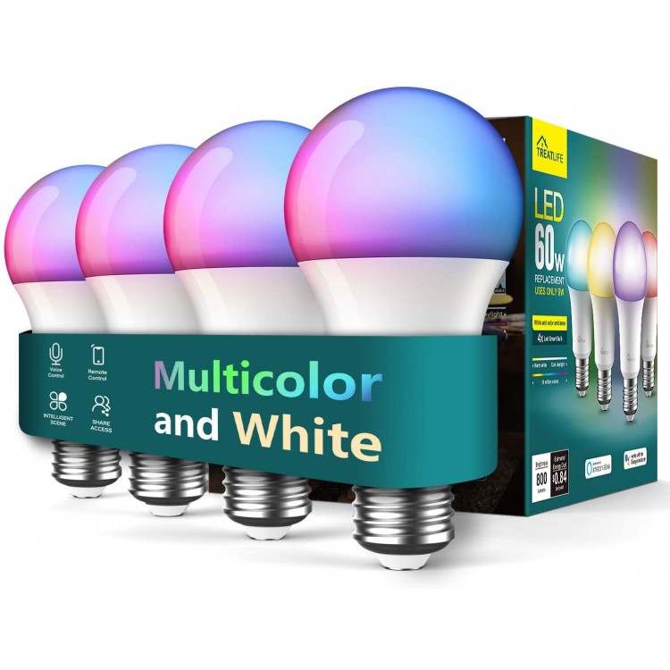 Smart Light Bulbs 4 Pack Treatlife 2.4GHz Music Sync Color Changing Light Bulb Works with Alexa Google Home A19 E26 Dimmable LED Light Bulb 9W 800 Lumen for Party Decoration Smart Home Lighting