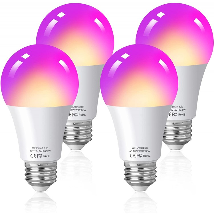 Smart Light Bulbs LED WiFi+BLE Smart Bulb 16 Million Color RGBCW Bulb Work with Alexa & Google Assistant Music Sync A19 E26 9W 806lm Schedules Dimmable Biorhythm No Hub 4 Pack