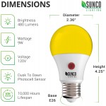Sunco Lighting LED Bug Light Bulbs Outdoor A19 Yellow Dusk to Dawn Bug Repellent Light for Porch 9W Auto On Off Photocell Sensor 2000K Amber Glow E26 Base Patio Deck Backyard UL Listed 4 Pack
