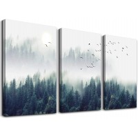 3 Piece Canvas Wall Art for Living Room- wall Decorations for Bedroom Foggy forest Trees Landscape painting- Modern Home Decor Stretched and Framed Ready to Hang pictures- 12"x16"x3 Panels wall decor