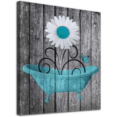 Bathroom Wall Art Daisy Canvas Pictures Modern Flower Bathtube Artwork Rustic Wood Board Background Contemporary Wall Art Decor Bedroom Living Room Office Home Framed Ready to Hang Blue 12" x 16"