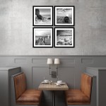 ENGLANT-4 Panels Set Framed Canvas Print for Seascape Beach and Boat Sunrise Scenery Black and White Giclee Canvas Print Wall Art Ready to Hang