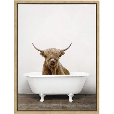 Kate and Laurel Sylvie Highland Cow in Tub Color Framed Canvas Wall Art by Amy Peterson 18x24 Natural Chic Animal Art for Wall