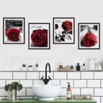 Modern Red Rose Flowers on Gray Books Wall Art Paintings Set of 4 8X10” Canvas Picture Relax Breathe Wash Unwind for Bathroom Bedroom Living Room Home Decor No Frame