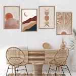 Sunset Sunrise Landscape Art Prints Modern Mid Century Geometric Decor Boho Sun and Moon Wall Art Painting Set of 4 8x10 Canvas Picture Office Bedroom Kitchen Home Decor Unframed