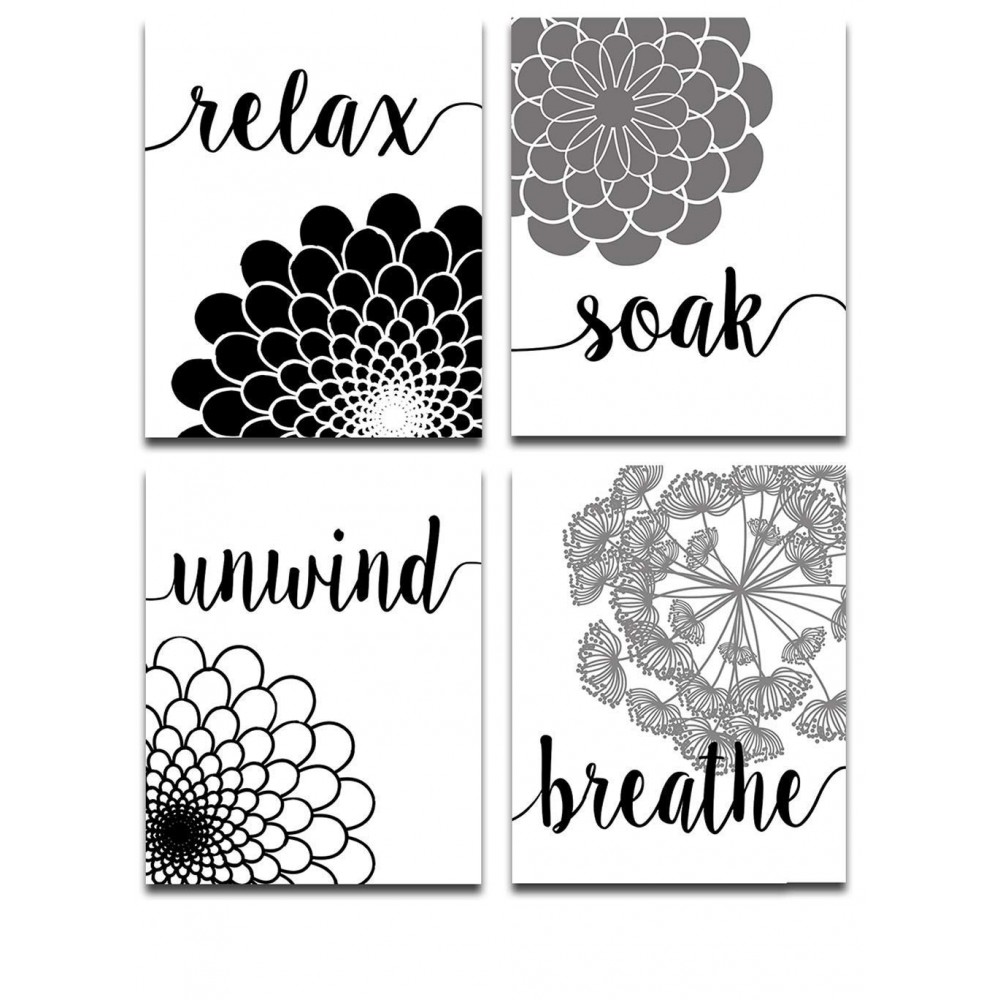 Unframed Cute Set of Four Black and White Bathroom Photos 8x10 Bath Flowers Art Print Makes a Great Restroom Decor Pictures and Minimalist Black & White Gift Under $15