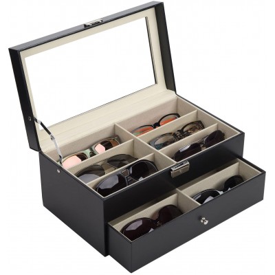 CO-Z Sunglasses Organizer for Women Men Multiple Eyeglasses Eyewear Display Case Leather Multi Sunglasses Jewelry Collection Holder with Drawer Sunglass Glasses Storage Box with 12 Compartments