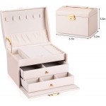 DEZZIE Women's Jewelry Box Senior PU Leather 3 Layer Medium Sized Jewelry Storage Box with Lock. Portable Travel Jewelry case for Earrings Bracelets Rings-Light pink