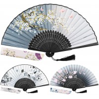 EAONE 3 Pcs Hand Folding Fan Abanicos de Mano Chinese Vintage Style Handheld Fan with Fabric Sleeve Silk Fan with Bamboo Frame and Elegant Tassel for Party Wedding Dancing Decoration
