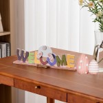 Easter Decorations for the Home hogardeck Rustic Welcome Wood Sign Easter Bunny Table Decor Colorful Wooden Block Signs with Bunny Tail Jute Bow Farmhouse Decor for Tabletop Tiered Tray Fireplace Party