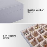 homing 50 Slots Earring Organizer Box with 8 Necklace Hooks Birthday and Valentine's Day Gift Classic 2 Trays Faux Leather Women Jewelry Storage Case for Rings Bracelet Grey