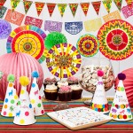 Mexican Party Decorations Fiesta Themed Cinco De Mayo Party Supplies Decor for Birthday Wedding Baby Shower Paper Fans+ Pom Poms+Pennant+Papel Picado Banner+Disposable Table Cover