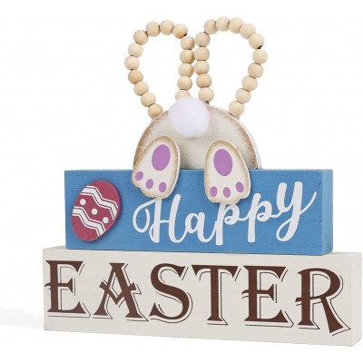 OYATON Easter Decorations for the Home Rustic Spring Happy Easter Bunny Wood Sign Block with Egg and Wooden Beads Decor for Table Mantle Tiered Tray Indoor Mini Easter Decor