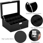 Oyydecor Watch Box 12 Slots Watch Organizer Jewelry Display Case Organizer with Jewelry Drawer for Storage and Display Lockable Black Vertical Stripes