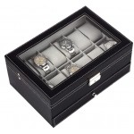 Tebery 12 Slots Black Watch Box PU Leather Case Organizer with Jewelry Drawer for Storage and Display