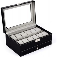 Tebery 12 Slots Black Watch Box PU Leather Case Organizer with Jewelry Drawer for Storage and Display
