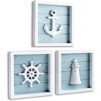 TideAndTales Nautical Wall Decor Set of 3 7"x7" Rustic Beach Decor with 3D Anchor Lighthouse and Ship Wheel | Wooden Beach Bathroom Decor | Ocean Coastal Theme Decorations for Home Nautical Gifts