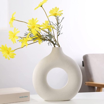 DHYXZCA White Ceramic Vase for Decor Modern Nordic Circular Matte ​Donut Decorative Vases for Home Office Living Room Desktop Flower Vases Decorations 9.1'' × 8.5''