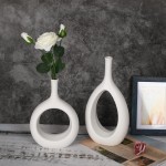 LIBWYS White Ceramic Vase Set of 2 for Flowers Candles 12.2''and 9.4''High Modern Decorative Hollow Oval Vase Candle Holders Geometric Vases for Living Room Kitchen Office Home Table