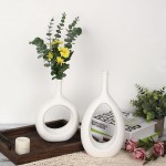 LIBWYS White Ceramic Vase Set of 2 for Flowers Candles 12.2''and 9.4''High Modern Decorative Hollow Oval Vase Candle Holders Geometric Vases for Living Room Kitchen Office Home Table