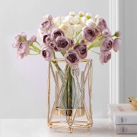 Yuccasly Geometric Glass Vase with Metal Bracket Crystal Transparent Inner Vase Hand-Plated Geometric Metal Vase Rose Gold Vase Decoration for Home Office Wedding Holiday Party Gift