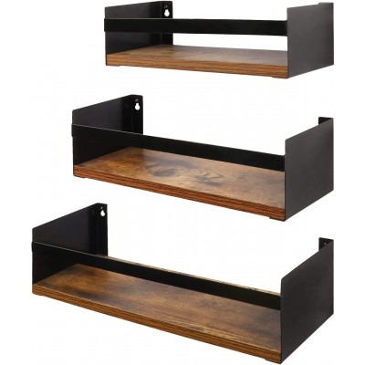 Giftgarden Black Floating Shelves for Wall Set of 3 Industrial Thick Wall Shelf Rack with Iron Rail Bracket for Storage Bathroom Kitchen Bedroom Plant Nursery Books Laundry