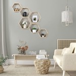 Hexagonal Floating Shelves Wall Mounted Set of 6 Wood Farmhouse Storage Honeycomb Wall Shelf for Bathroom Kitchen Bedroom Living Room Office,Driftwood Finish Natural Color