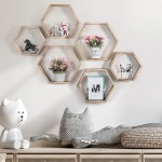 Hexagonal Floating Shelves Wall Mounted Set of 6 Wood Farmhouse Storage Honeycomb Wall Shelf for Bathroom Kitchen Bedroom Living Room Office,Driftwood Finish Natural Color