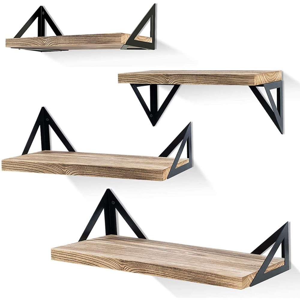 Klvied Floating Shelves Wall Mounted Set of 4 Rustic Wood Wall Shelves Storage Shelves for Bedroom Living Room Bathroom Kitchen Office and More Carbonized Black