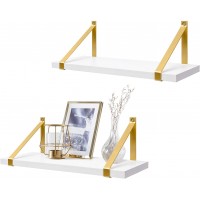 Mkono White Floating Shelves Wall Mounted Modern Decorative Shelves Set of 2 Wood Hanging Shelf with Golden Metal Brackets for Bathroom Living Room Bedroom Kitchen Office Nursery 17 Inches
