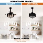 Retractable Ceiling Fan with Lights and Remote Control Crystal Ceiling Fans with Chandelier Lights 36 Inch Black