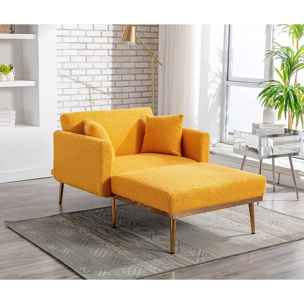 Convertible Chaise Lounge Chair Modern Lounger Chair with 3 Adjustable Angles Indoor Sleeper Sofa Bed with 2 Pillows 400 LBS Weight Capacity Mustard Teddy