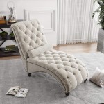 HUIJU Chaise Lounge 68" Linen Tufted Indoor Leisure Sofa Chair Nailhead Trim for Living Room,1 Bolster Pillow Included,Beige